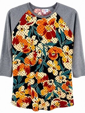 LuLaRoe Randy Floral Raglan Top • Gray 3/4 Sleeve Shirt • Women’s Medium